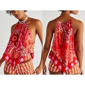 Free People I Dare You Tank Sleeveless Swing Floral Red Top size medium